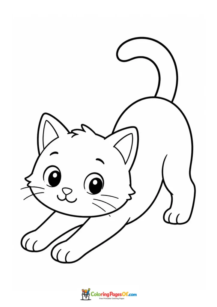 Stretching fluffy kitten – printable black and white coloring page