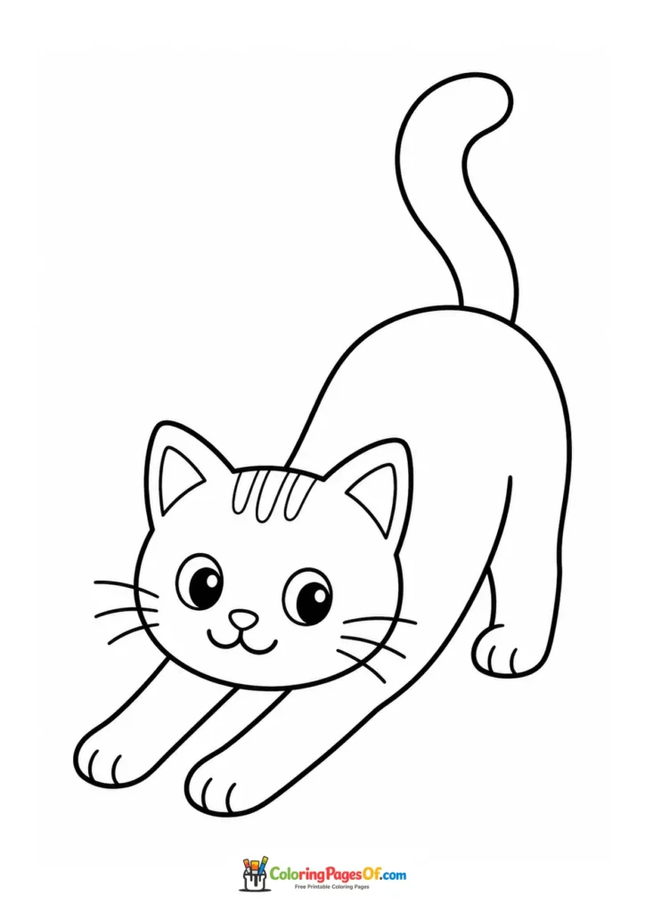 Stretching kitten – printable black and white coloring page