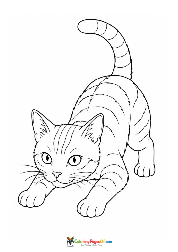 Stretching tabby cat – printable black and white coloring page