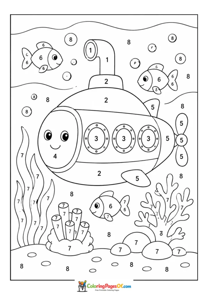 Submarine Underwater color by number coloring page