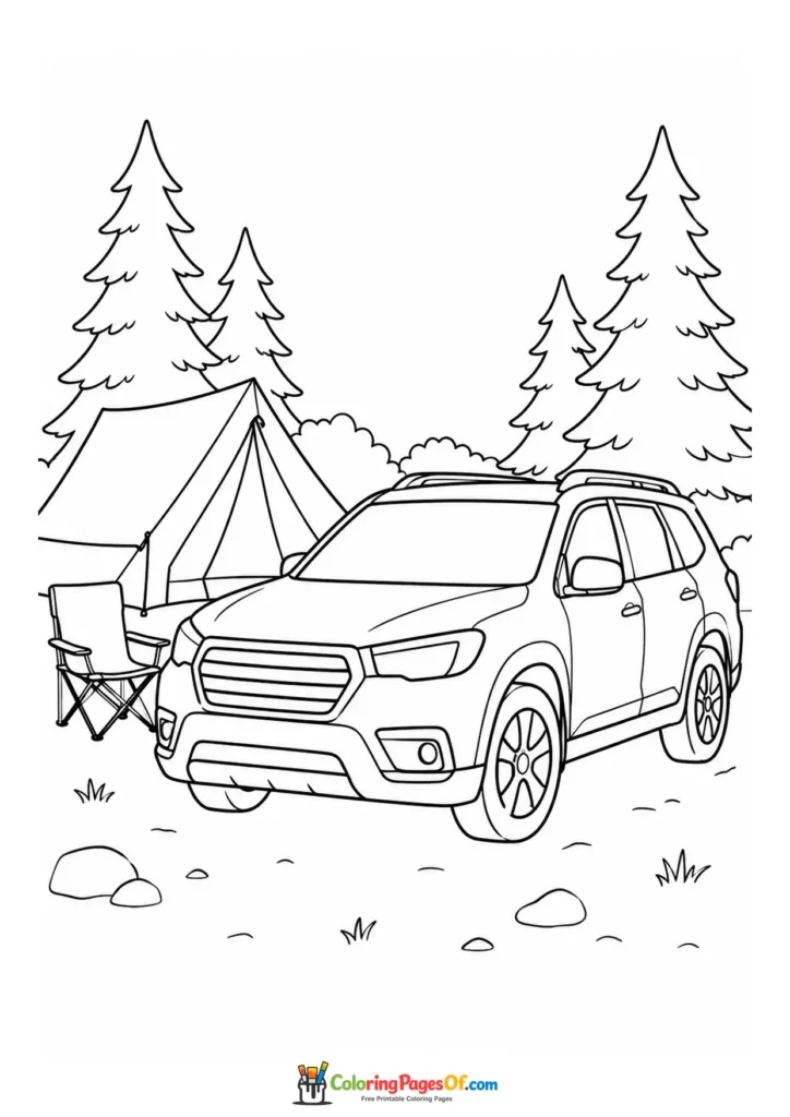 Black and white suv at a forest campsite coloring page
