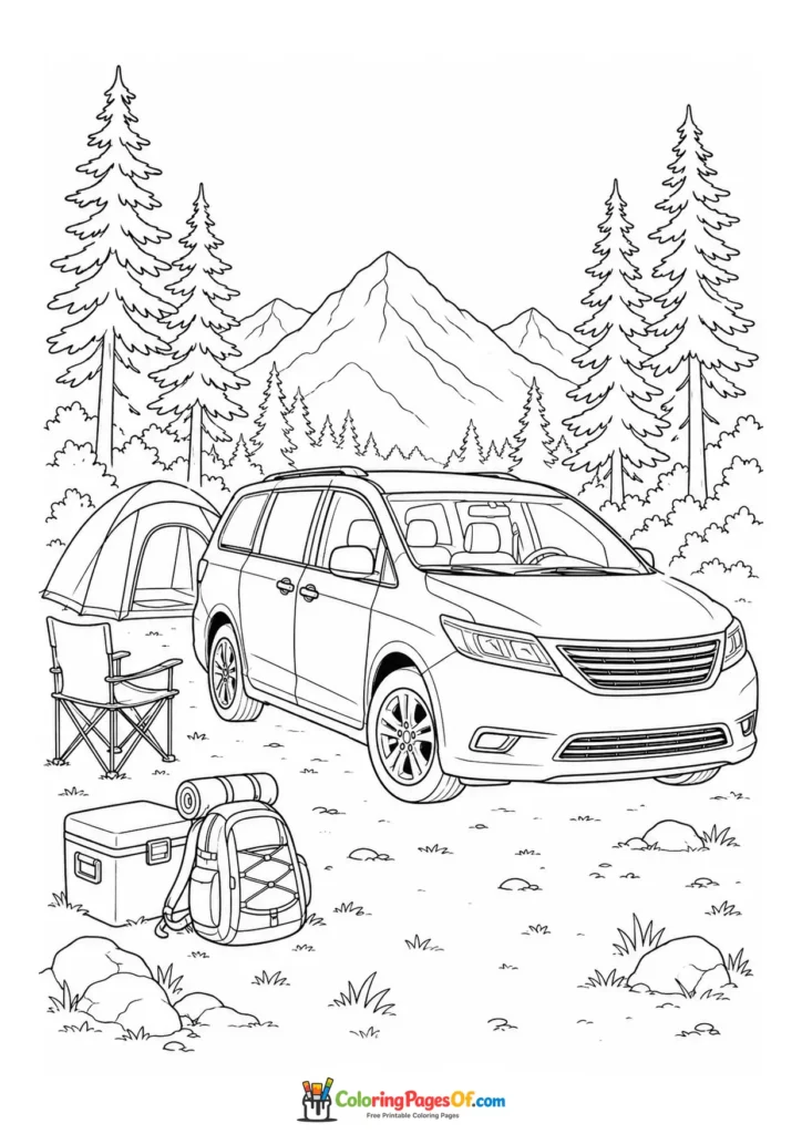 Black and white suv at a mountain campsite coloring page
