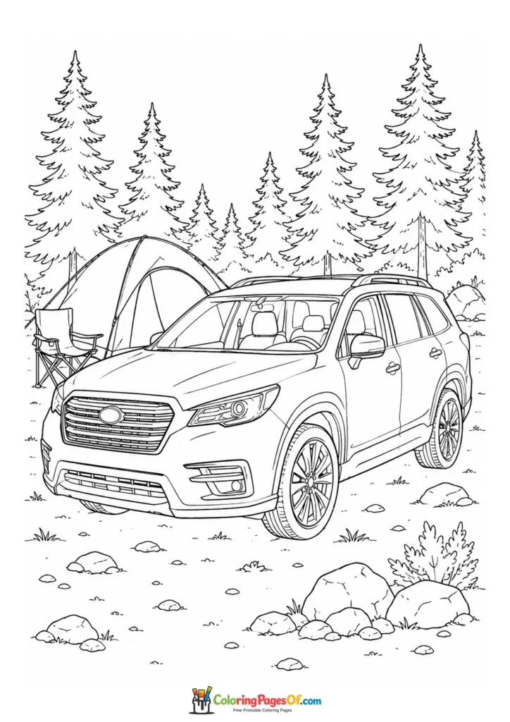 Black and white suv at a rocky forest campsite coloring page