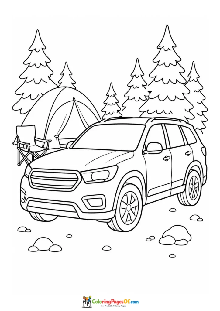 SUV beside a tent in the forest printable coloring sheet