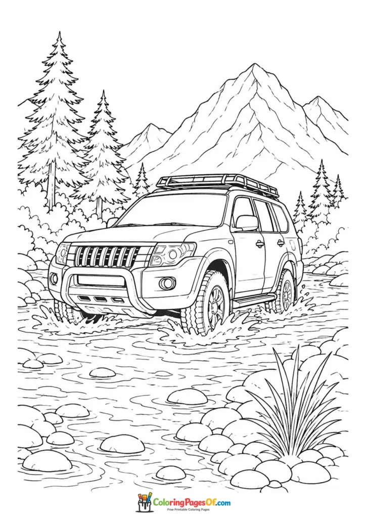 SUV crossing a shallow mountain river printable coloring sheet