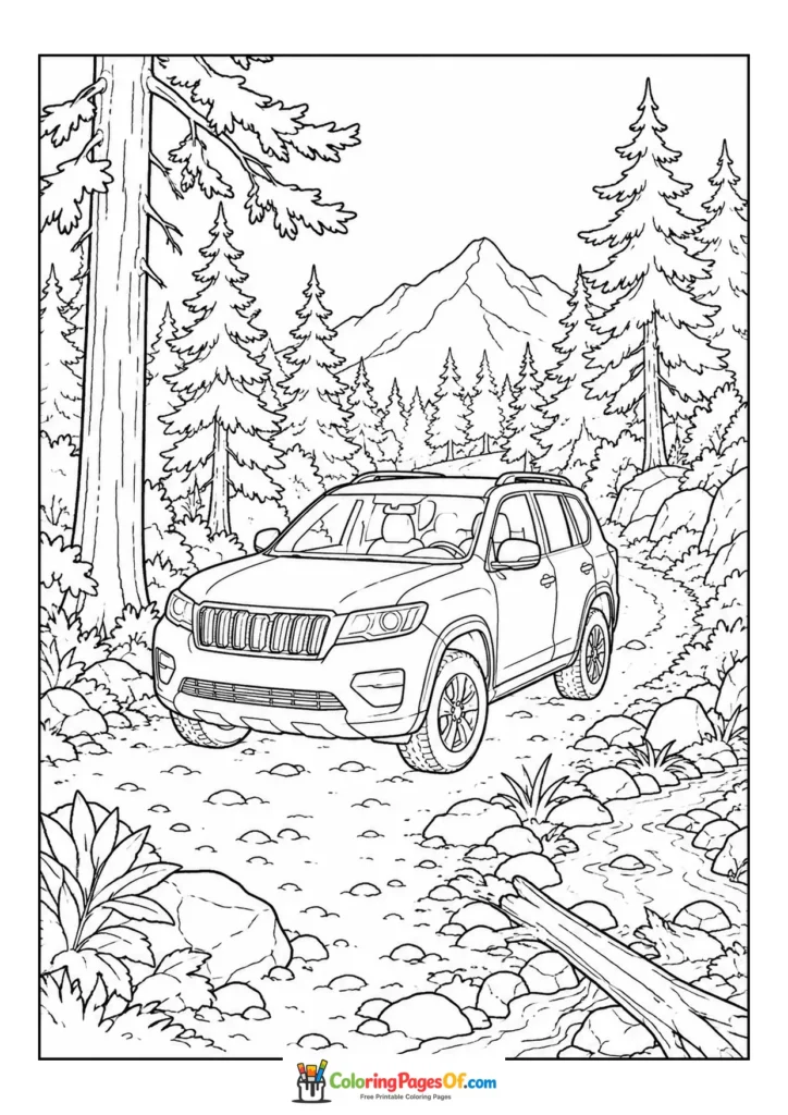 SUV driving through a mountain forest printable coloring sheet