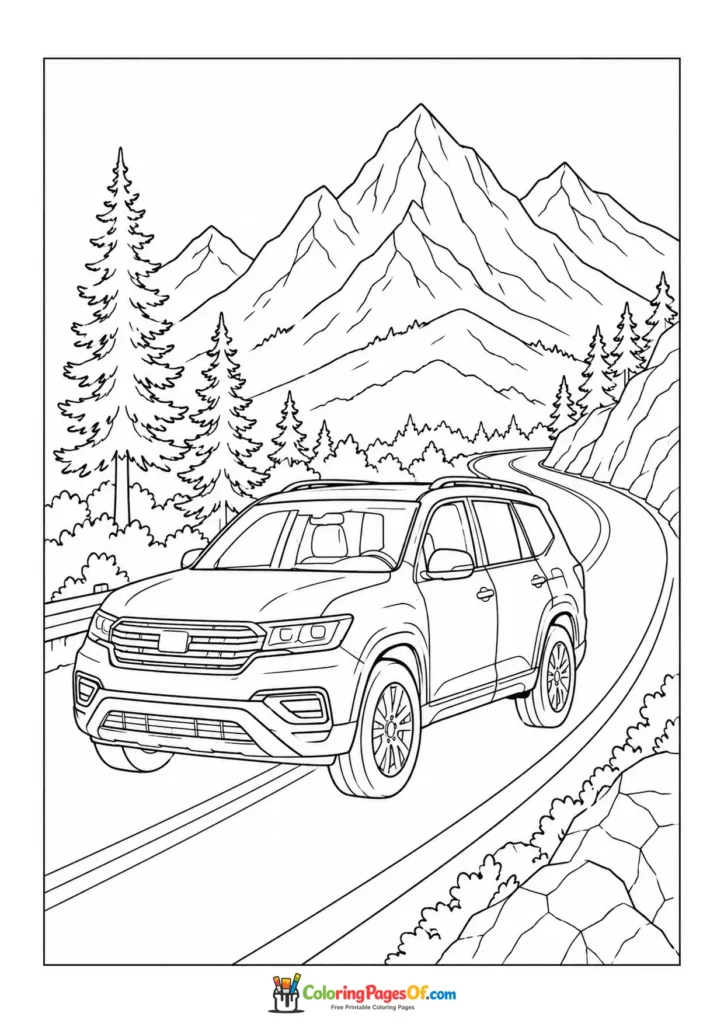 Printable suv on a mountain road coloring picture