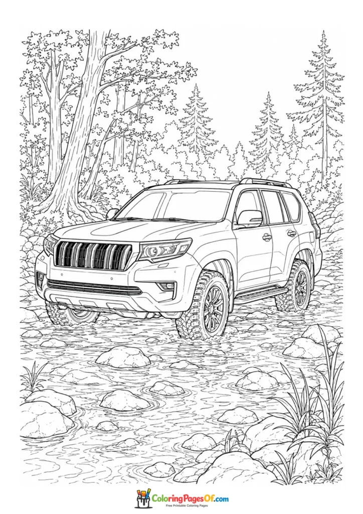Black and white suv on a rocky forest trail coloring page