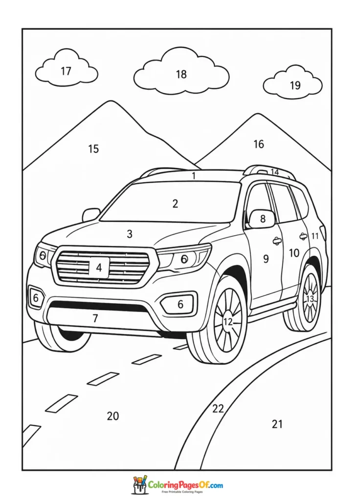 SUV on Mountain Road color by number coloring page