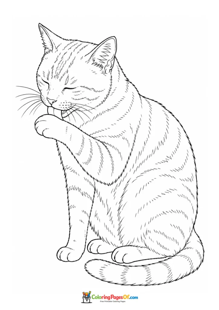 Tabby cat grooming its paw – printable black and white coloring page