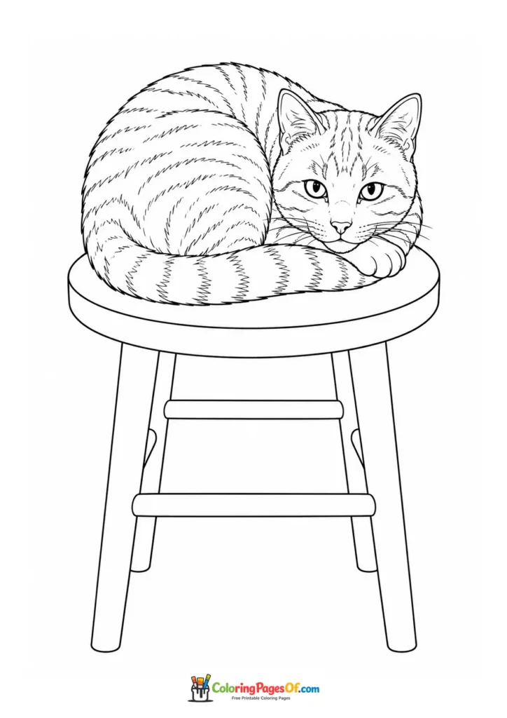 Tabby cat lying on a stool – printable black and white coloring page