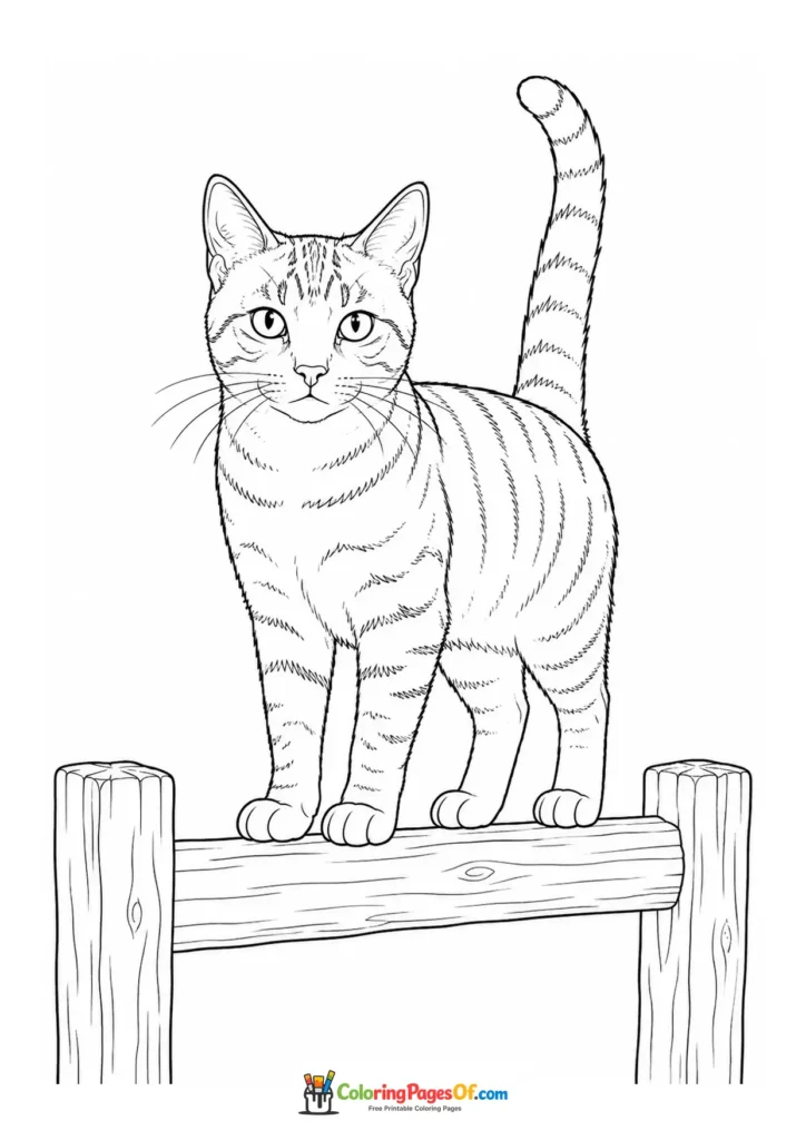 Tabby cat on a wooden fence – printable black and white coloring page