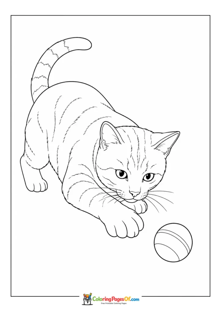 Tabby cat playing with a ball – printable black and white coloring page