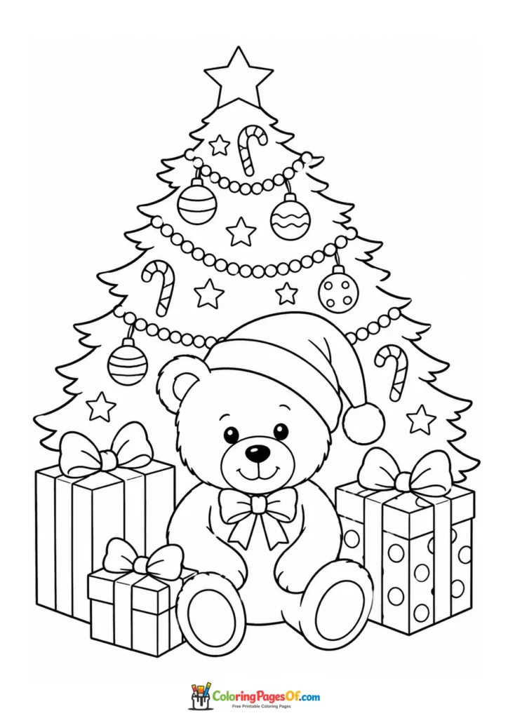 Weihnachten Ausmalbild: Teddybär unter dem Weihnachtsbaum