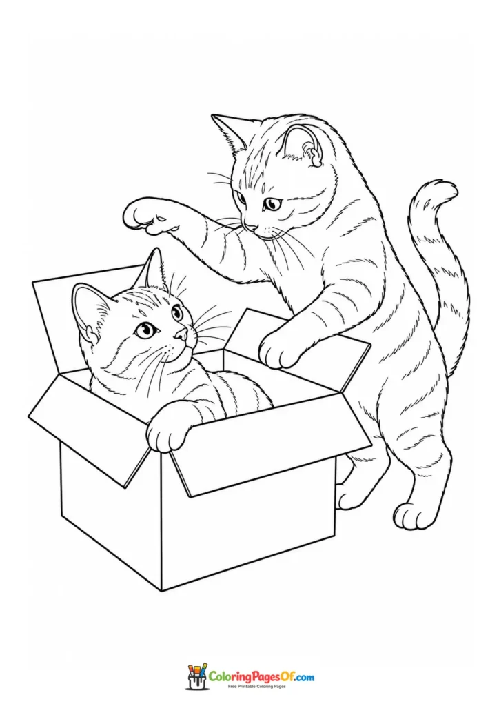 Three cats playing in a cardboard box – printable black and white coloring page