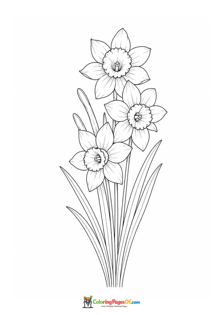 Three daffodil flowers with long strap-like leaves coloring page