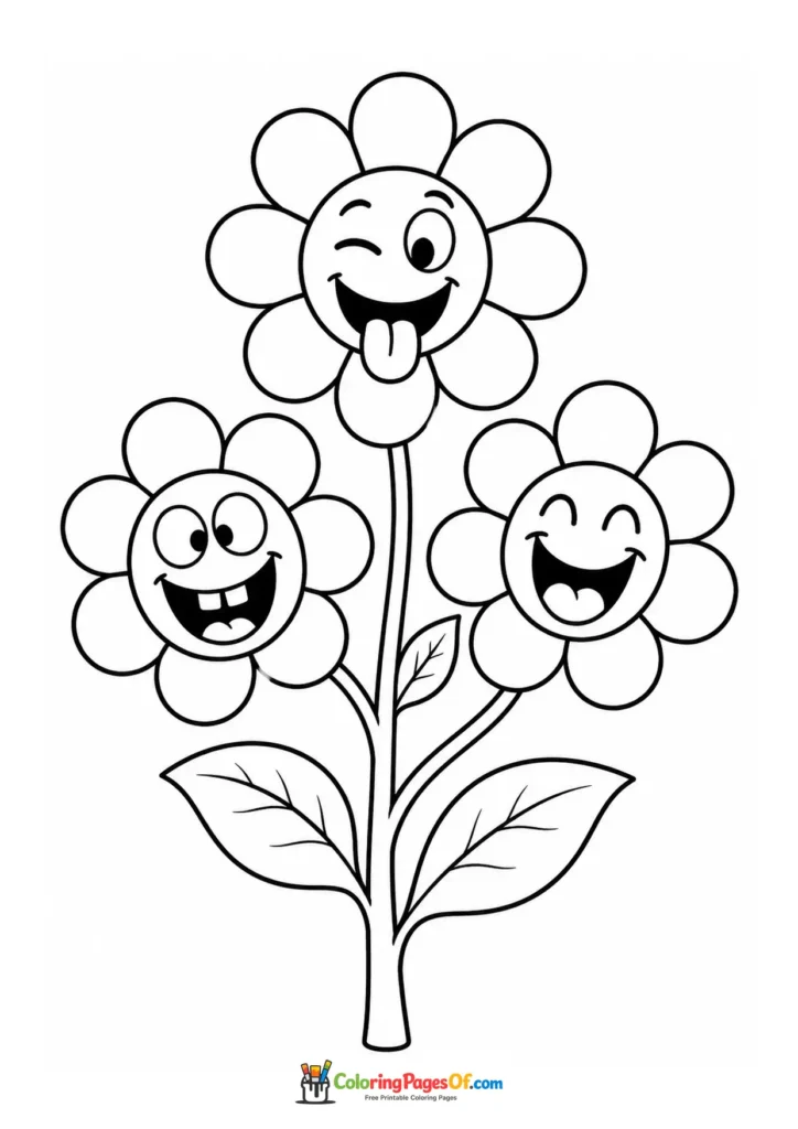 Three cheerful flower characters making different funny faces coloring page