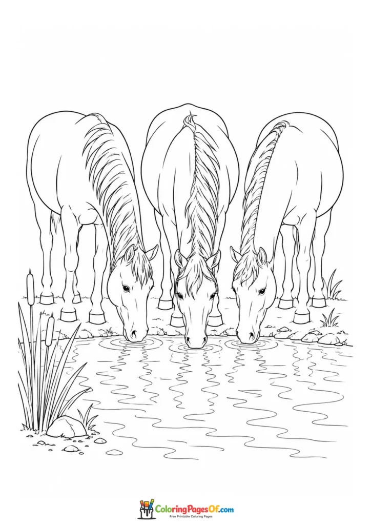 Three horses drinking at a pond coloring page