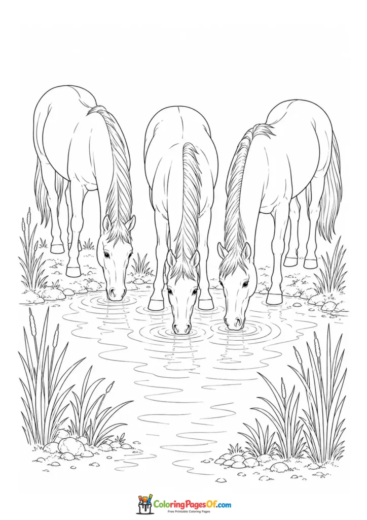 Three horses drinking from a stream coloring page