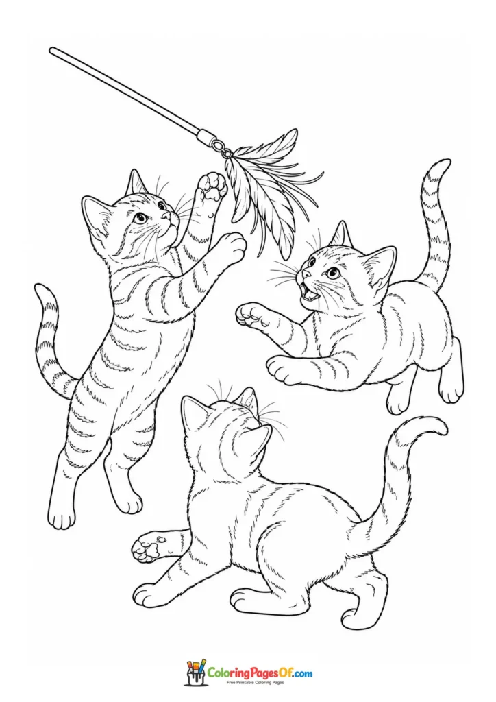 Three kittens playing with a feather toy – printable black and white coloring page