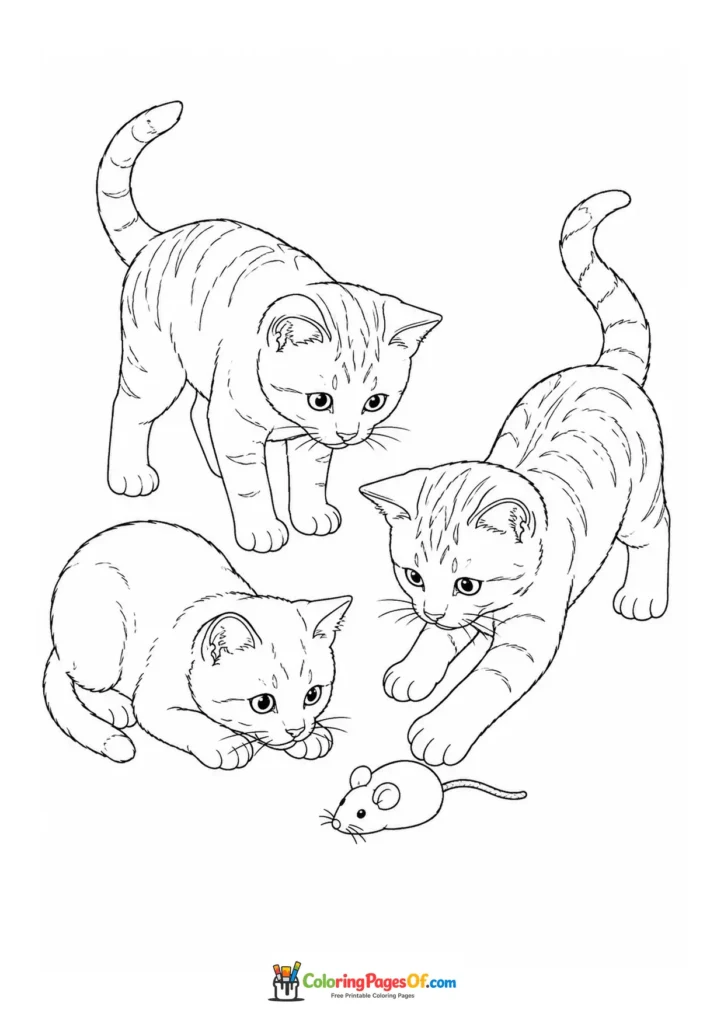 Three kittens playing with a toy mouse – printable black and white coloring page