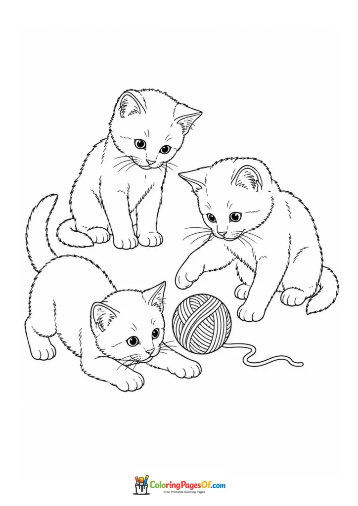 Three kittens playing with yarn – printable black and white coloring page