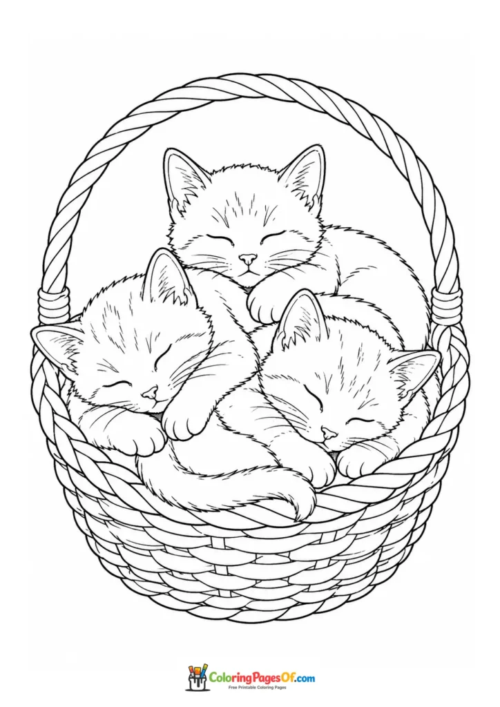 Three sleeping kittens in a basket – printable black and white coloring page