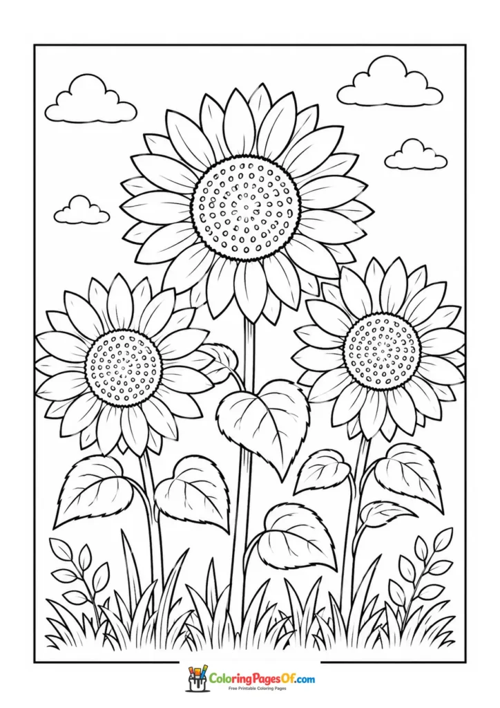 Three sunflowers growing in a simple garden scene coloring page