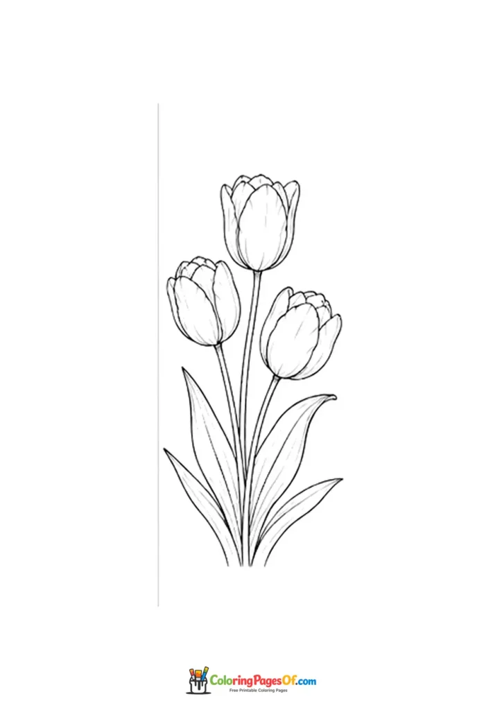 Three tulip flowers with long leaves coloring page