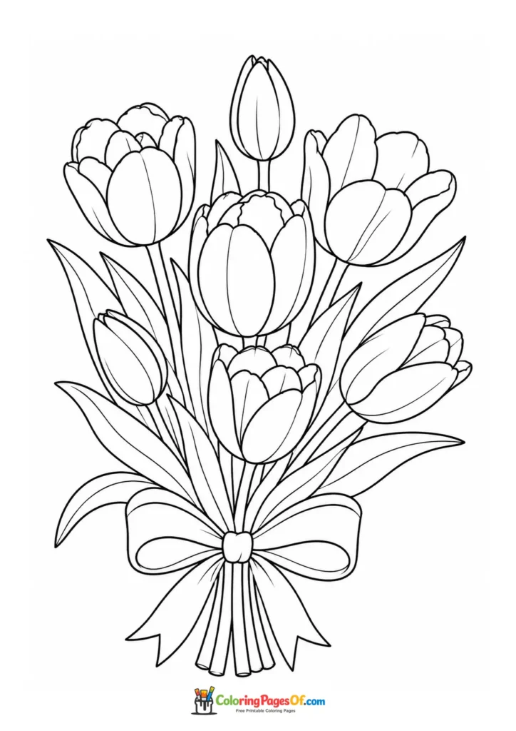 Bouquet of tulips tied with a ribbon coloring page