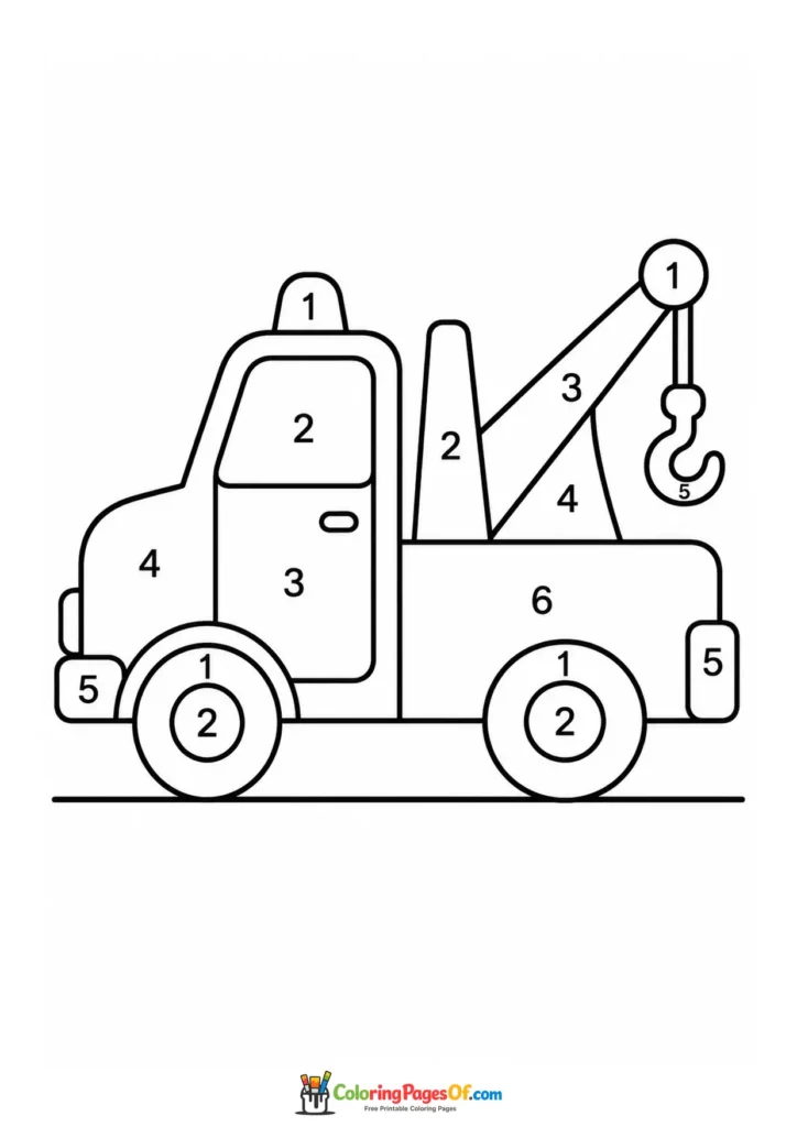 Tow truck color by number printable coloring sheet