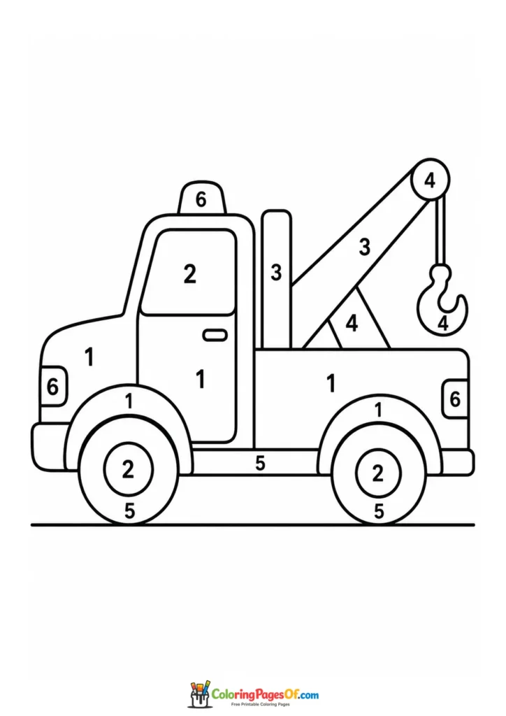Printable tow truck side view color by number coloring picture