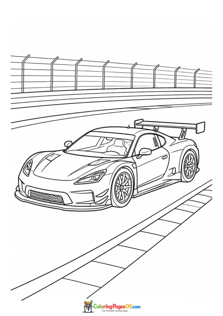 Track race car with a large rear wing printable coloring sheet