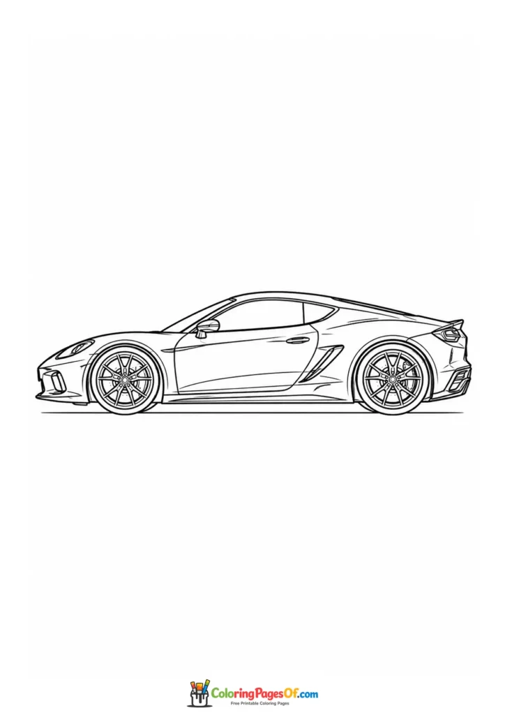 Black and white track-ready supercar side view coloring page