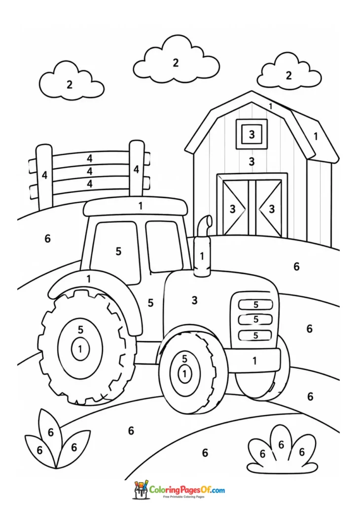 Tractor by Barn color by number coloring page