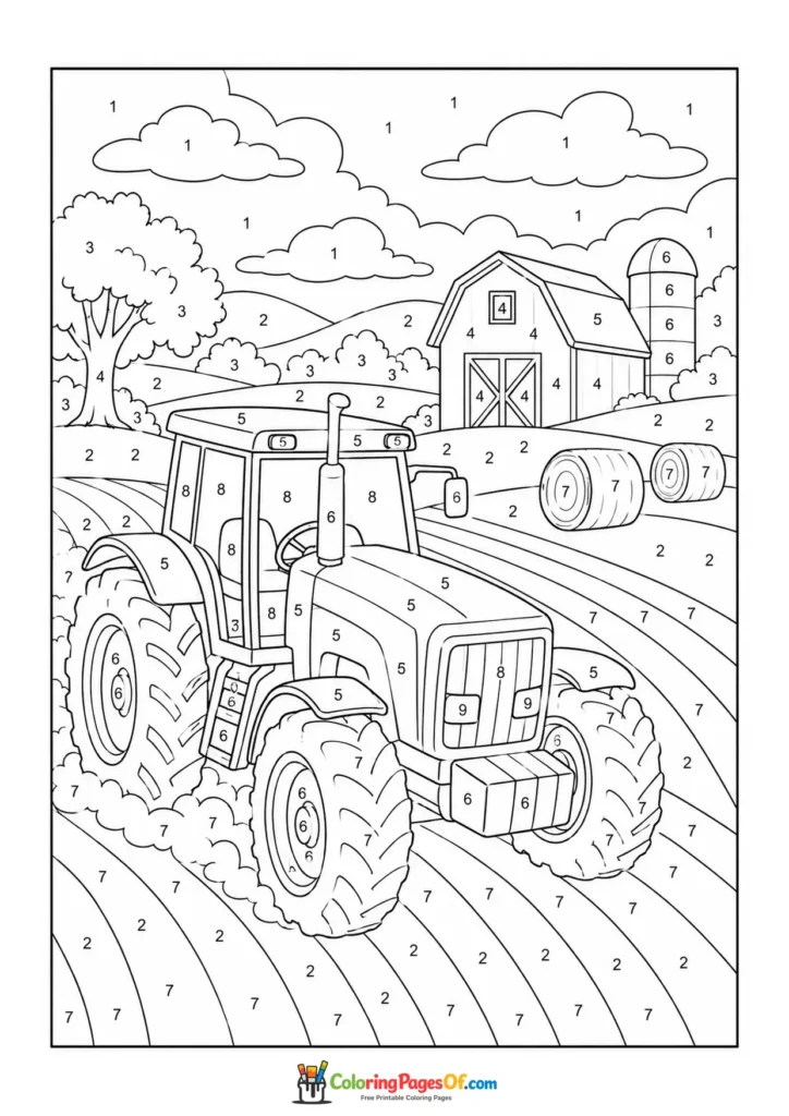 Tractor on Farm color by number coloring page