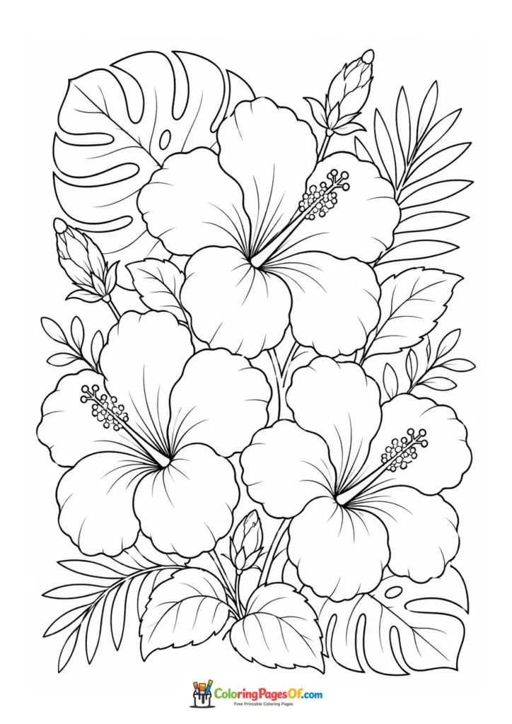 Cluster of hibiscus flowers with tropical monstera and palm leaves coloring page
