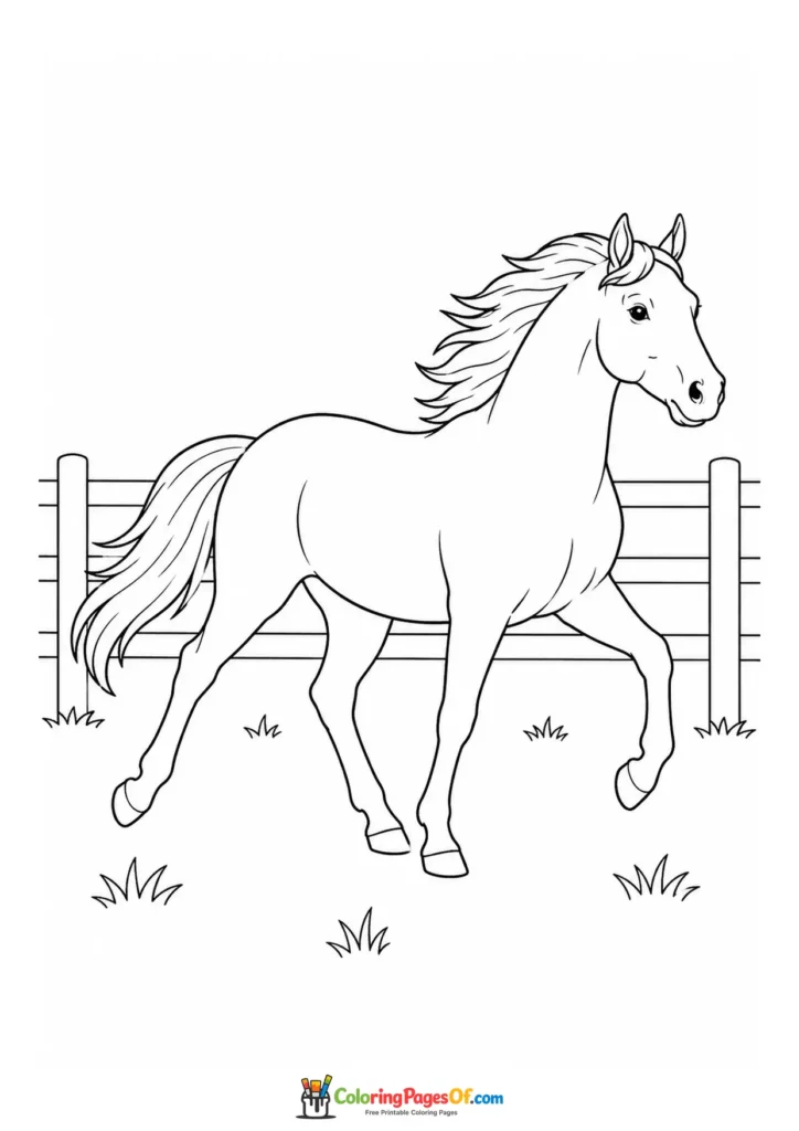 Trotting horse in a pasture coloring page