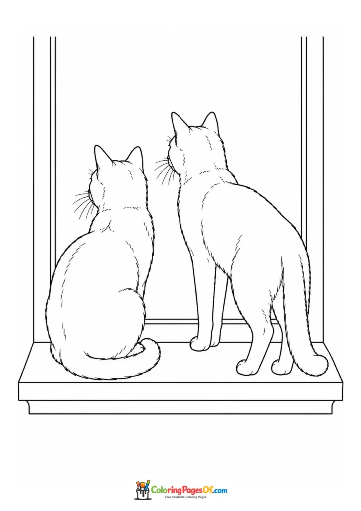 Two cats at a window – printable black and white coloring page