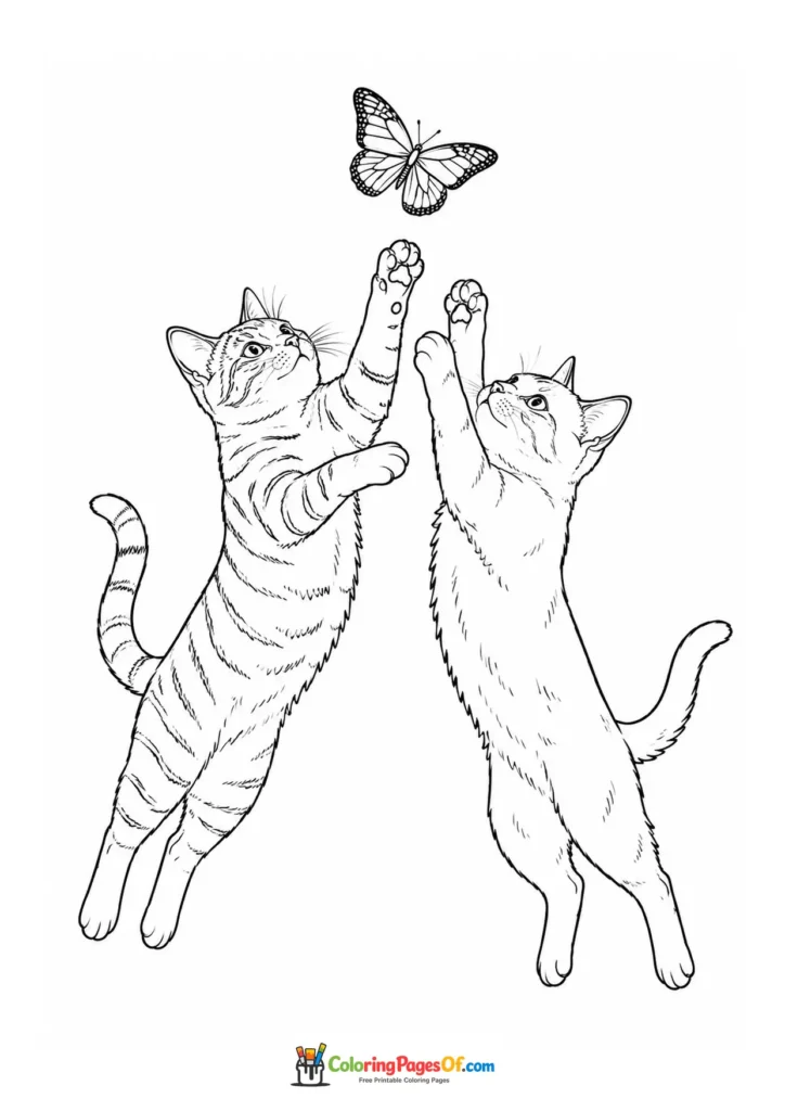Two cats chasing a butterfly – printable black and white coloring page