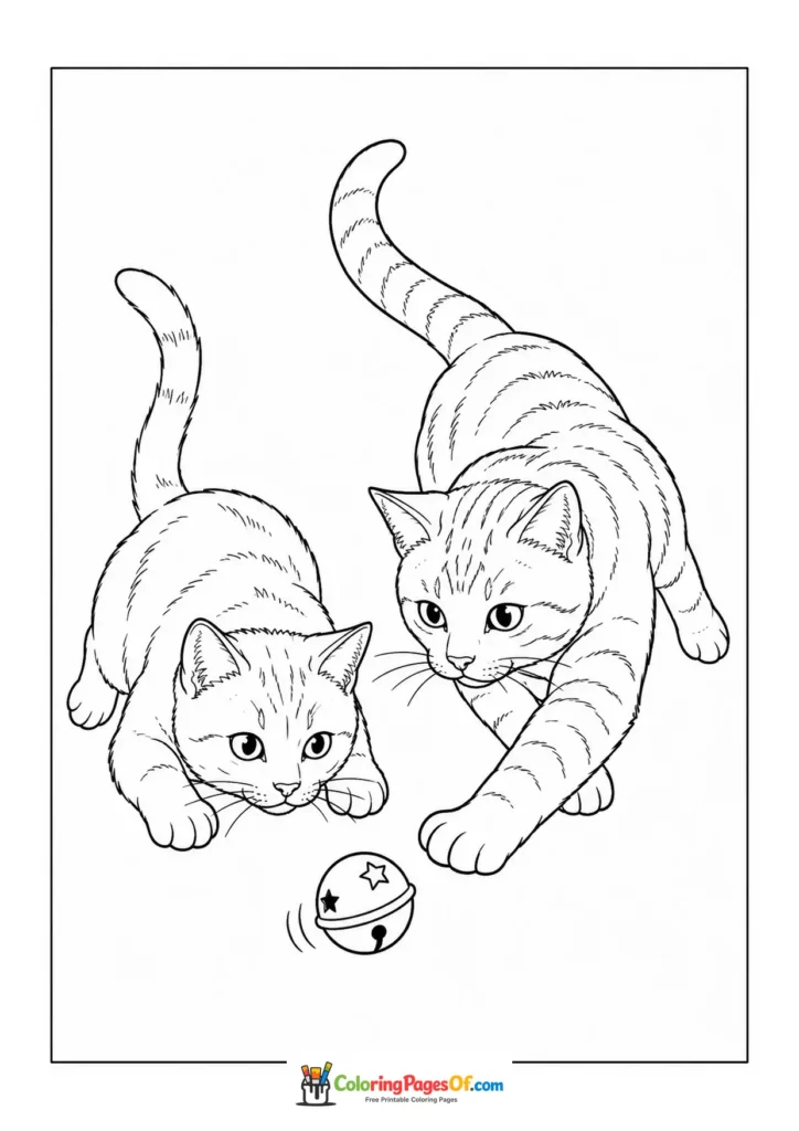 Two cats playing with a toy ball – printable black and white coloring page