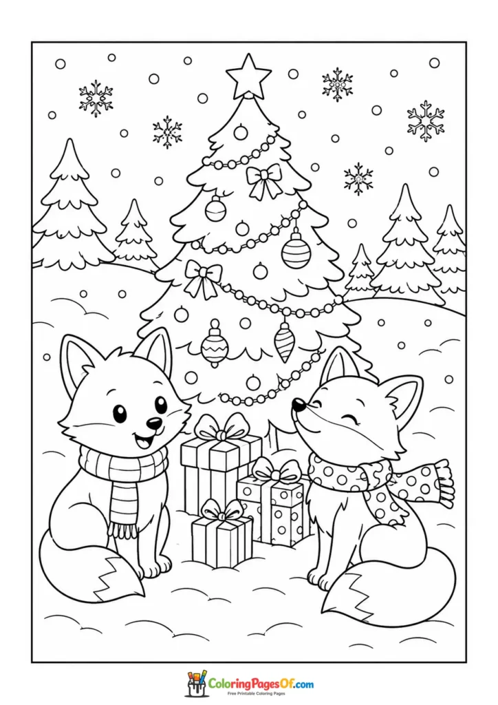 Weihnachten Ausmalbild: Zwei Weihnachtsfüchse am Baum