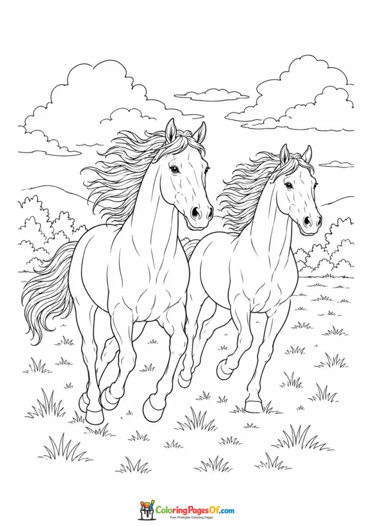 Two galloping horses in a meadow coloring page