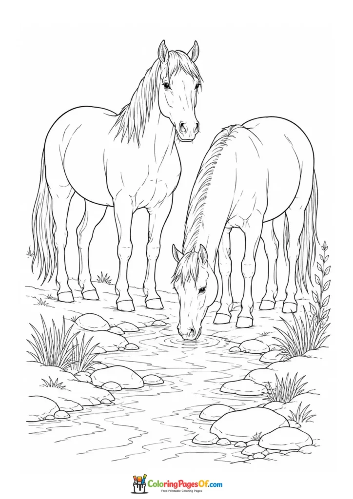 Two horses by a stream coloring page