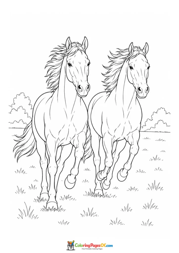 Two horses galloping together coloring page