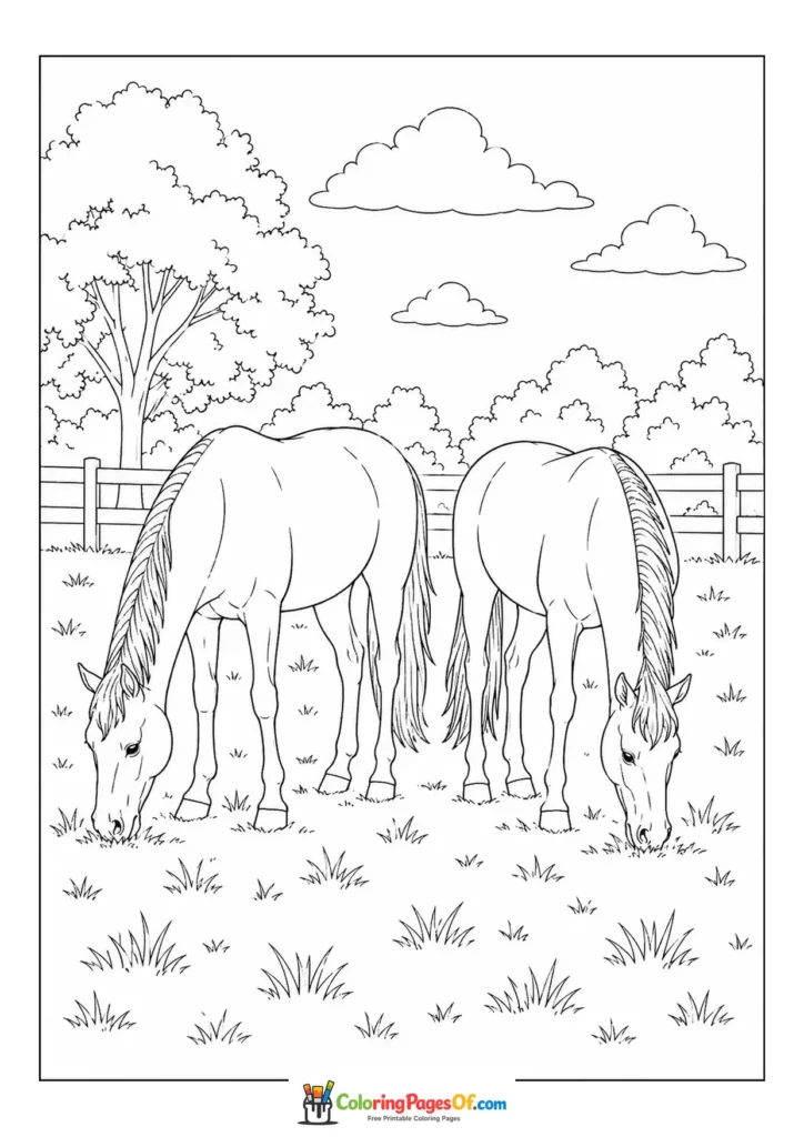 Two horses grazing coloring page