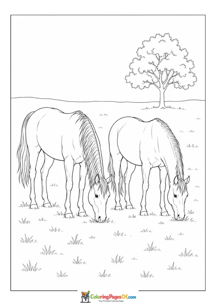 Two horses grazing under a tree coloring page