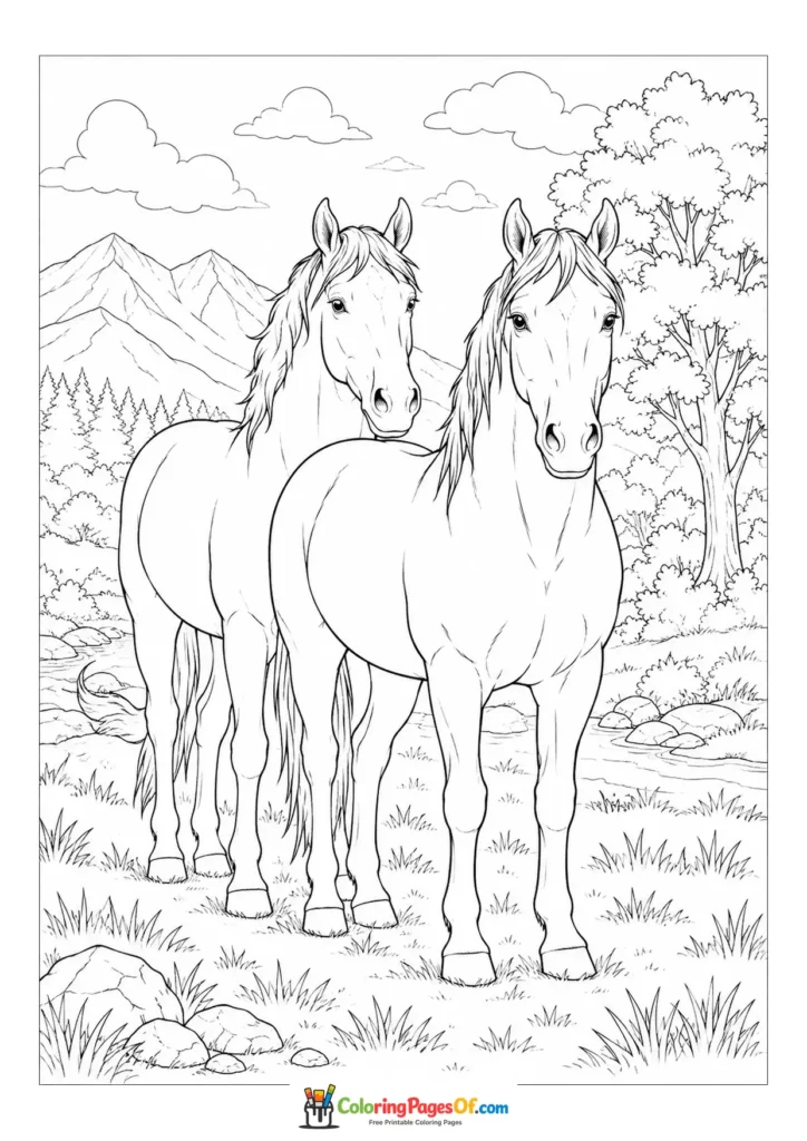 Two horses in a mountain landscape coloring page