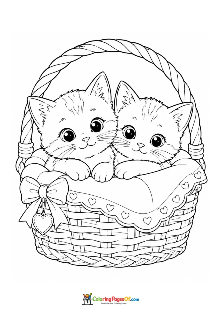 Two kittens in a basket – printable black and white coloring page