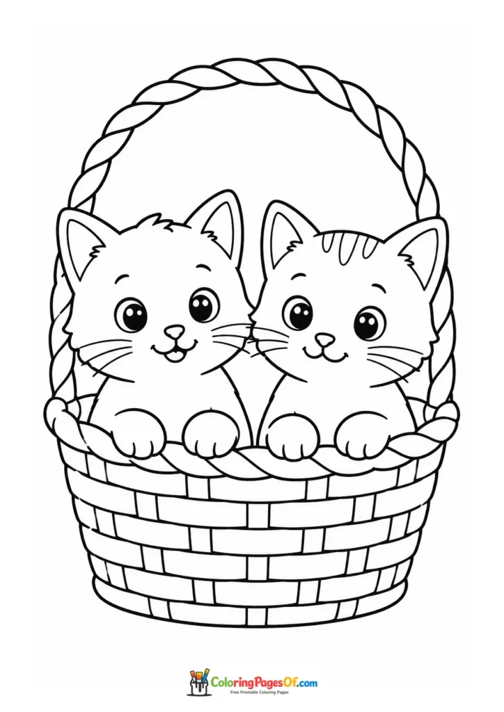 Two kittens in a woven basket – printable black and white coloring page